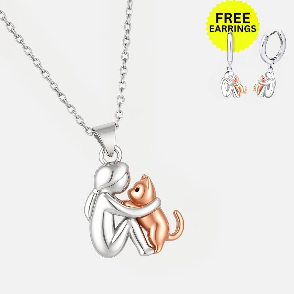 Hangerketting met katmotief en bijpassende oorbellen
