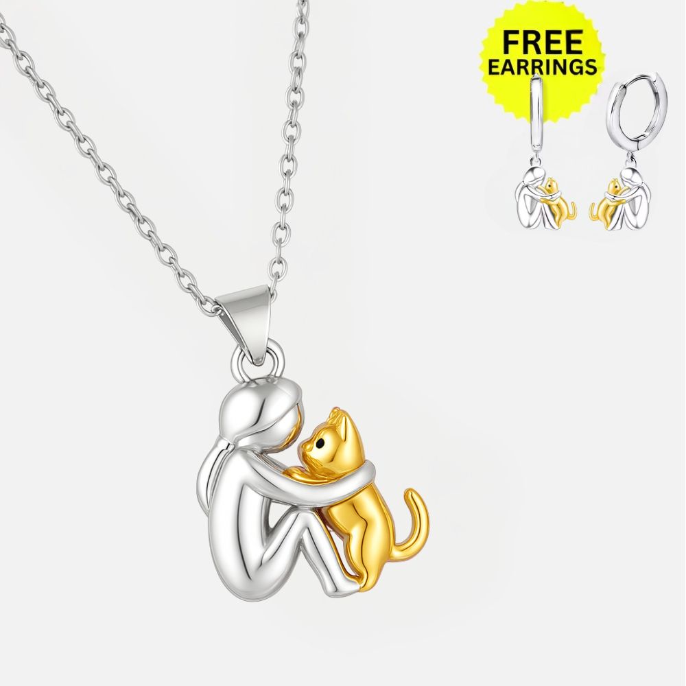 Hangerketting met katmotief en bijpassende oorbellen