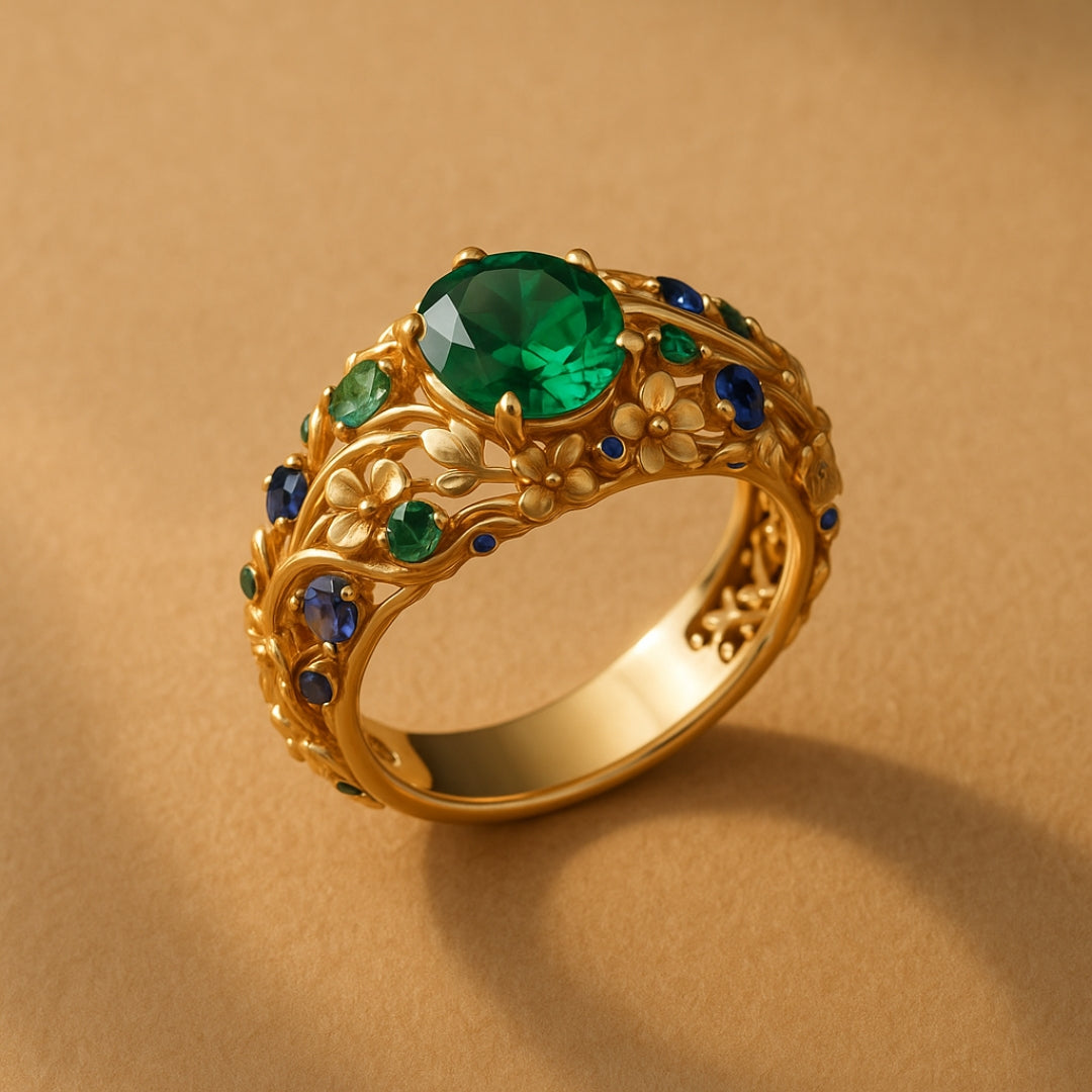 Groene & blauwe kristallen gouden ring