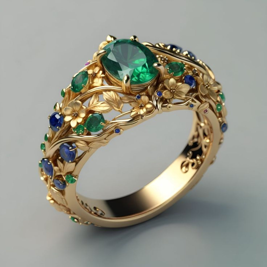 Groene & blauwe kristallen gouden ring