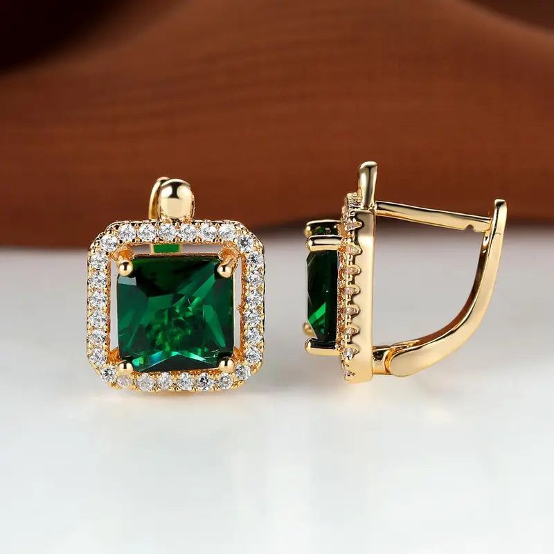 Groene vierkante zirkonia-oorbellen | Goud