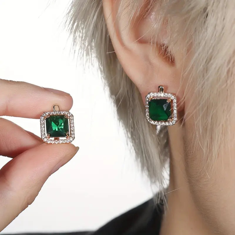Groene vierkante zirkonia-oorbellen | Goud