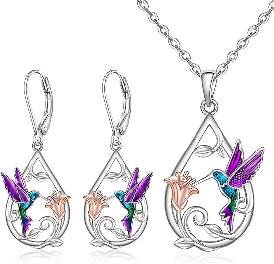 Ketting en oorbellen met decoratief kolibriemotief