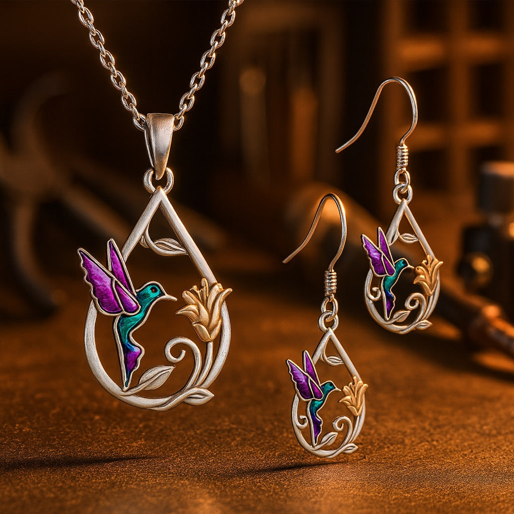 Ketting en oorbellen met decoratief kolibriemotief