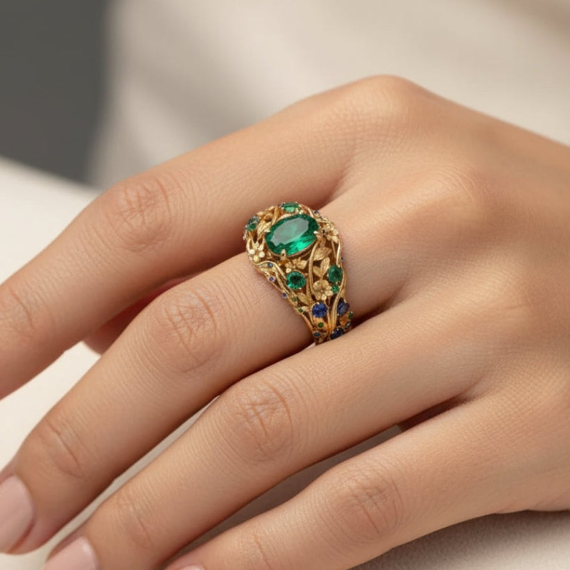 Groene & blauwe kristallen gouden ring