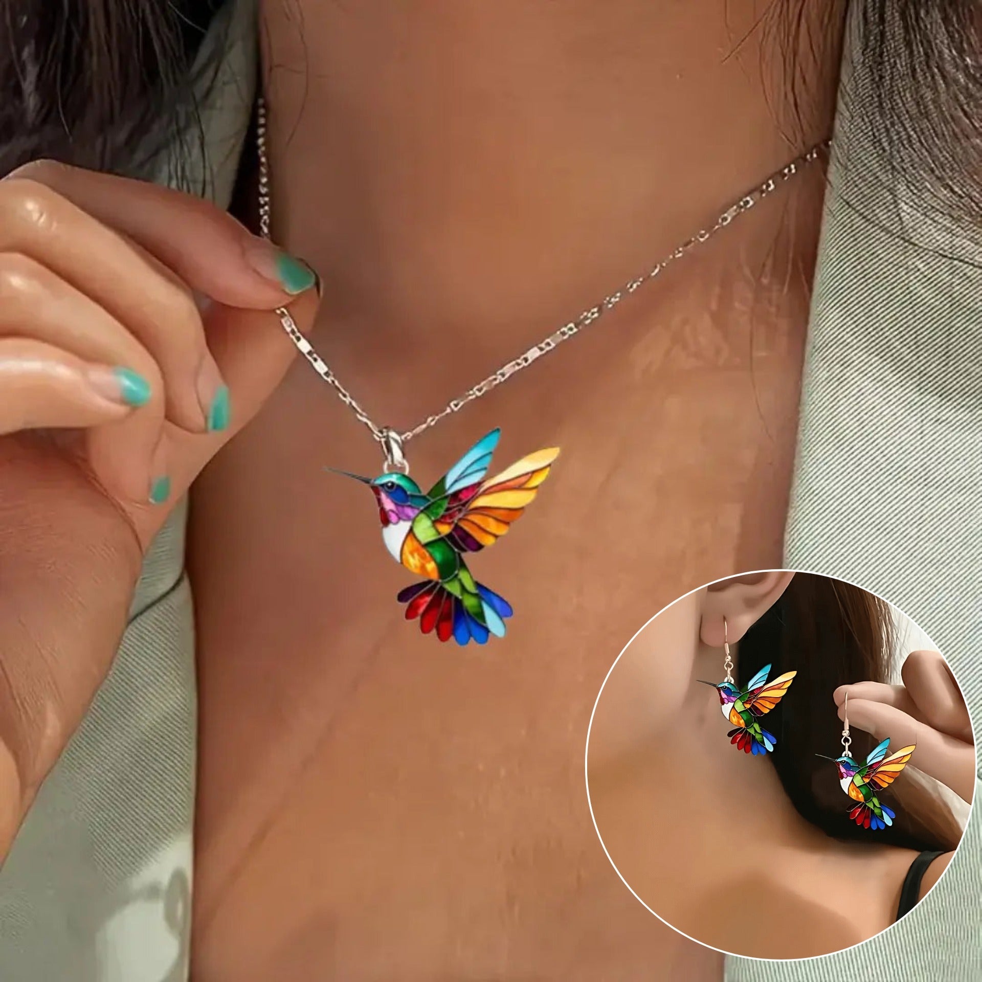 Sieradenset met kolibriemotief - ketting en oorbellen