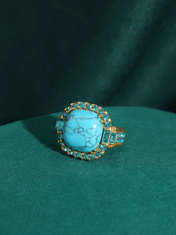 Retro Art Déco ring in turkoois en goud