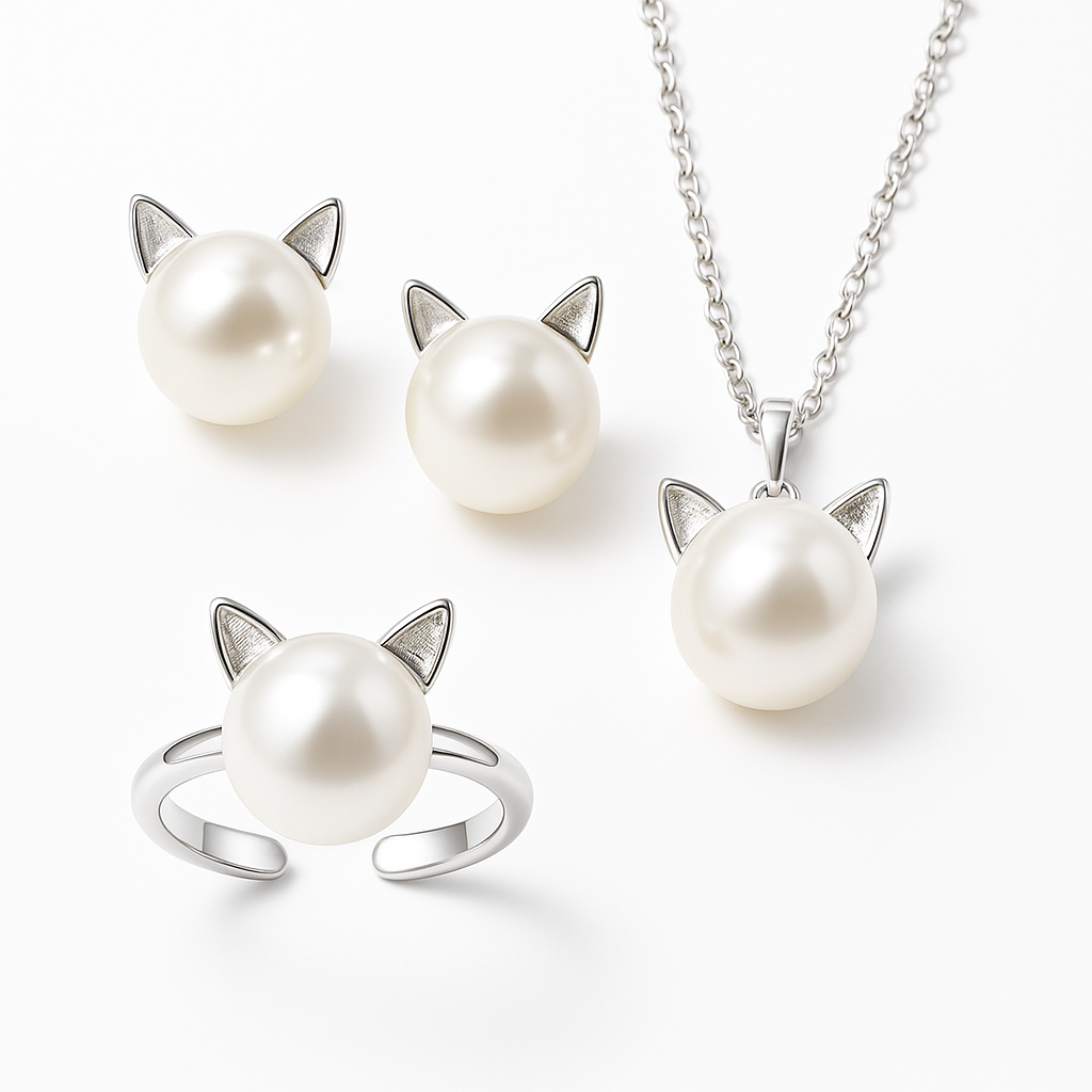 Ketting, oorbellen en ring met katmotief