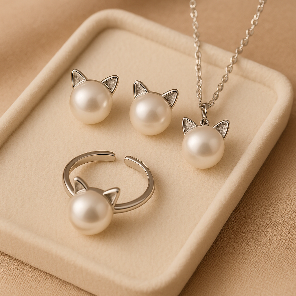 Ketting, oorbellen en ring met katmotief